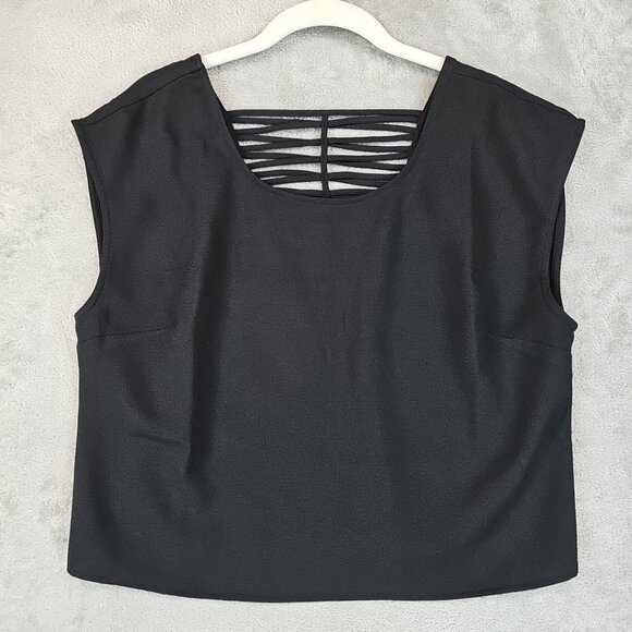 Express Crop Top Womens Size M Black Strappy Back Detail Cap Sleeve Stretch - Picture 1 of 6